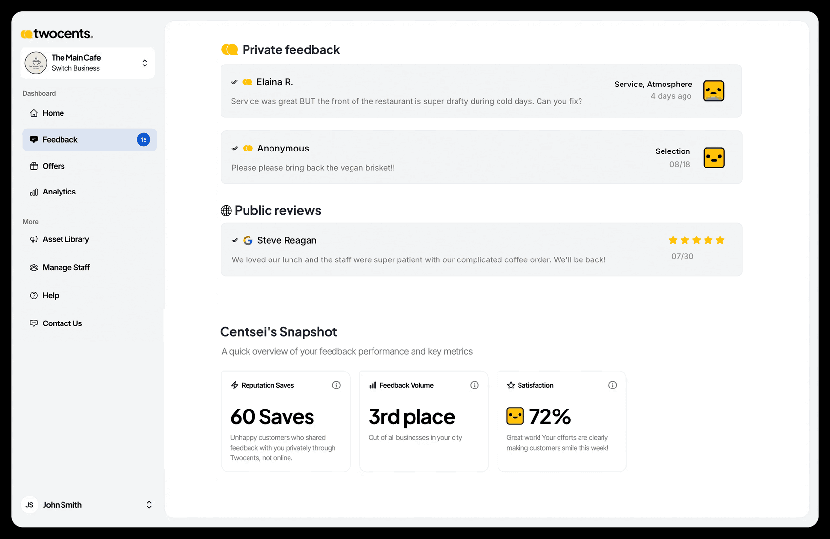 The Twocents dashboard, showing private feedback and public reviews in one inbox